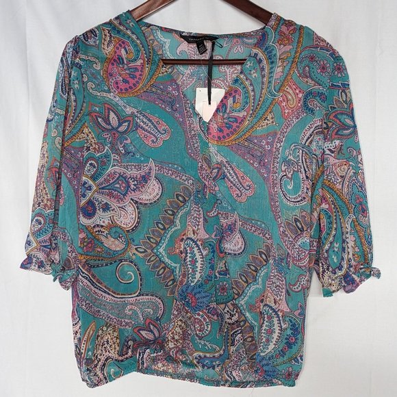 🌟NWT sheer second-layer paisley v-neck short-sleeve top medium Tamara H. - Picture 2 of 10